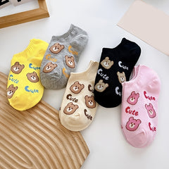 5pairs Girls Kids Bear Pattern Ankle Socks Breathable Low Cut Boat Socks