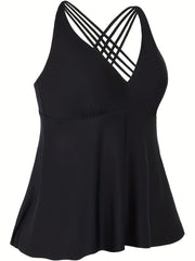 Modest Tankini Set V Neck Crisscross Back Top & Panty Swimsuit