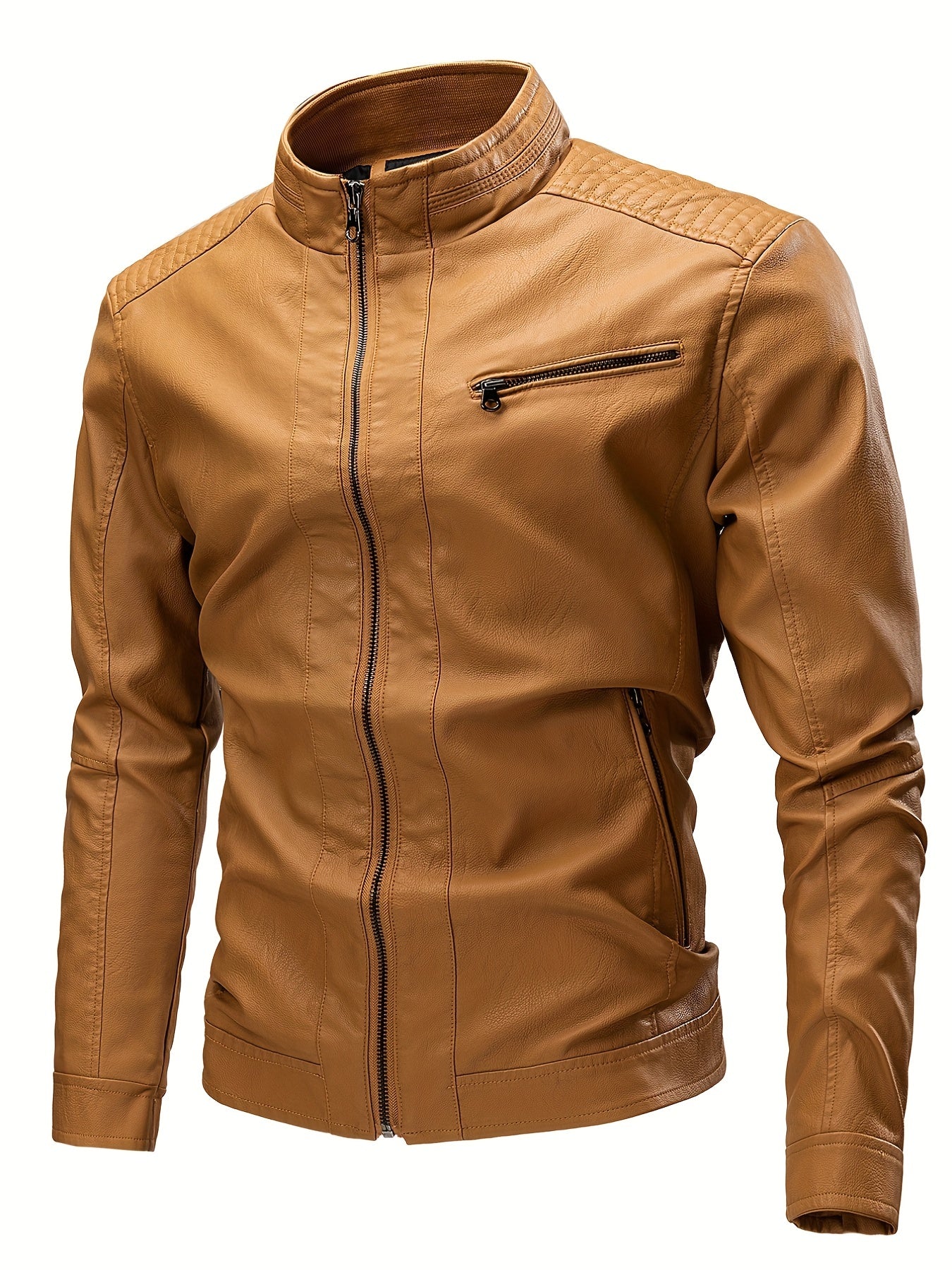 Men's Vintage PU Leather Jacket Stand Collar Zip Up Faux Leather Jacket