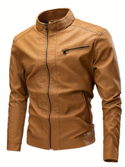 Men's Vintage PU Leather Jacket Stand Collar Zip Up Faux Leather Jacket