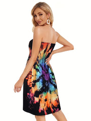 Tie Dye Print Tube Dress Sleeveless Casual Pleated Dress for Summer