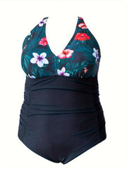 Colorblock Tropical Print V Neck One Piece Swimsuit