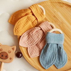 Baby Comforting Blanket Teether 100% Cotton Maple Wood Toy