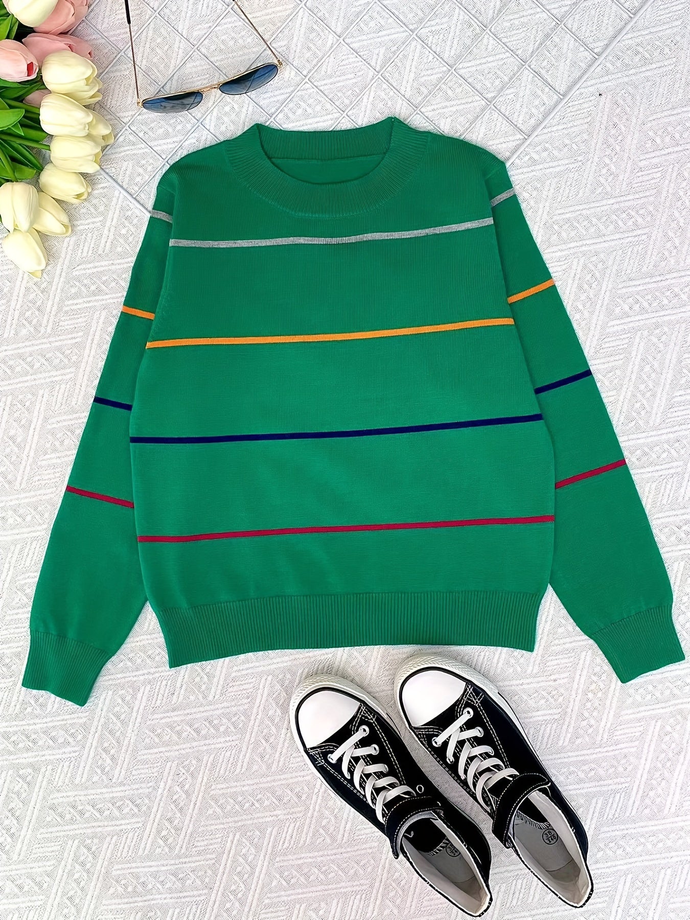 Boys Striped Block Sweater Round Neck Long Sleeve Pullover