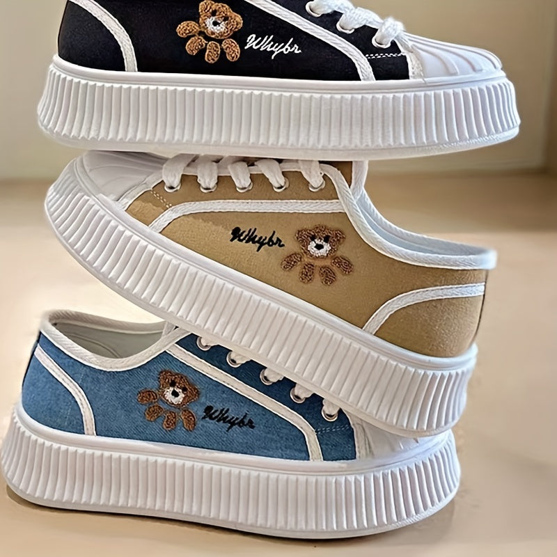 Women's Bear Pattern Platform Canvas Sneakers Soft Sole Skate Shoes