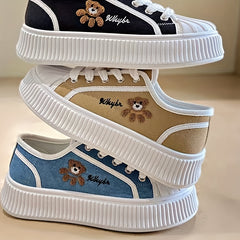 Women's Bear Pattern Platform Canvas Sneakers Soft Sole Skate Shoes