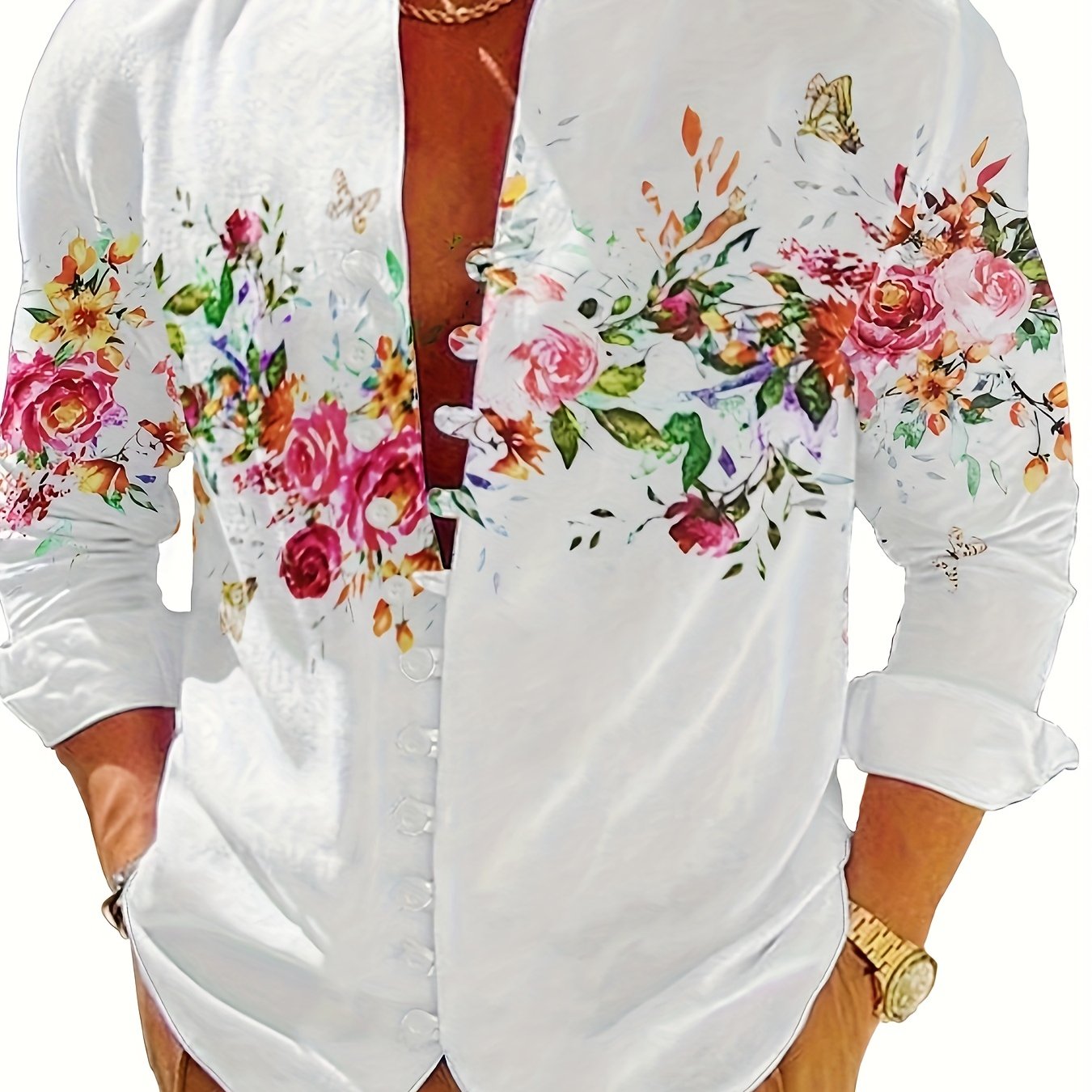 Men's Flower Print Casual Button Up Long Sleeve Shirt Spring Summer Autumn Tops