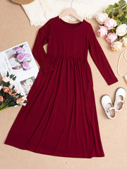 Long Sleeve Pockets Maxi Dress Girls Spring Fall Casual Dress