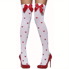 Heart Print Thigh High Stockings Bow Decor Over The Knee Socks Women's Stockings
