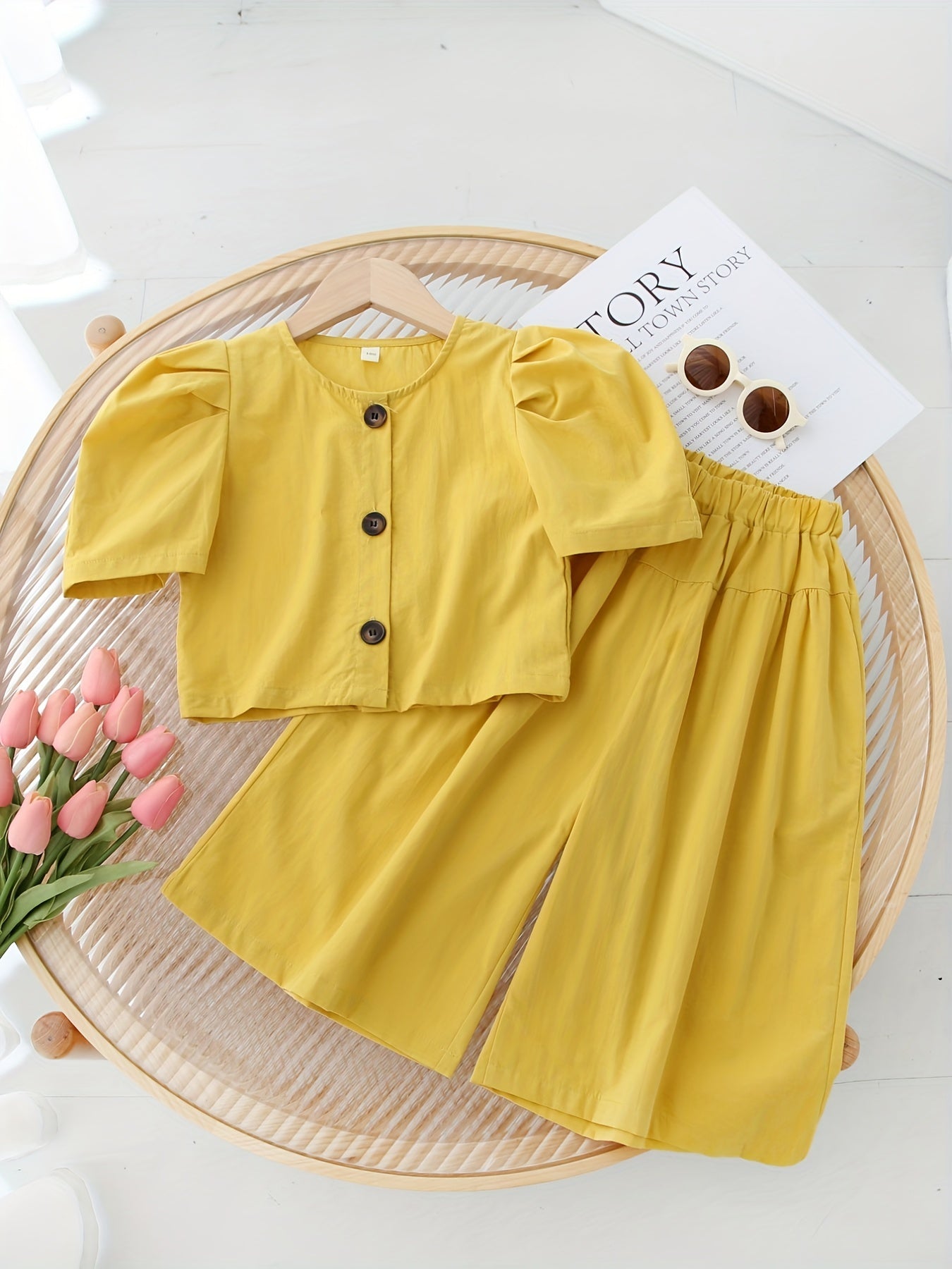 2pcs Toddler Girls Puff Sleeve Button Cotton Blouse Top & Wide Leg Pants Set