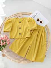 2pcs Toddler Girls Puff Sleeve Button Cotton Blouse Top & Wide Leg Pants Set