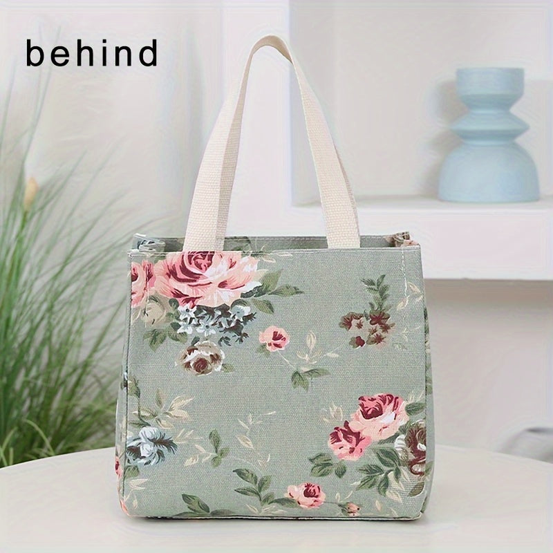 Floral Print Insulated Lunch Bag Waterproof Large Capacity Rectangular Carrier