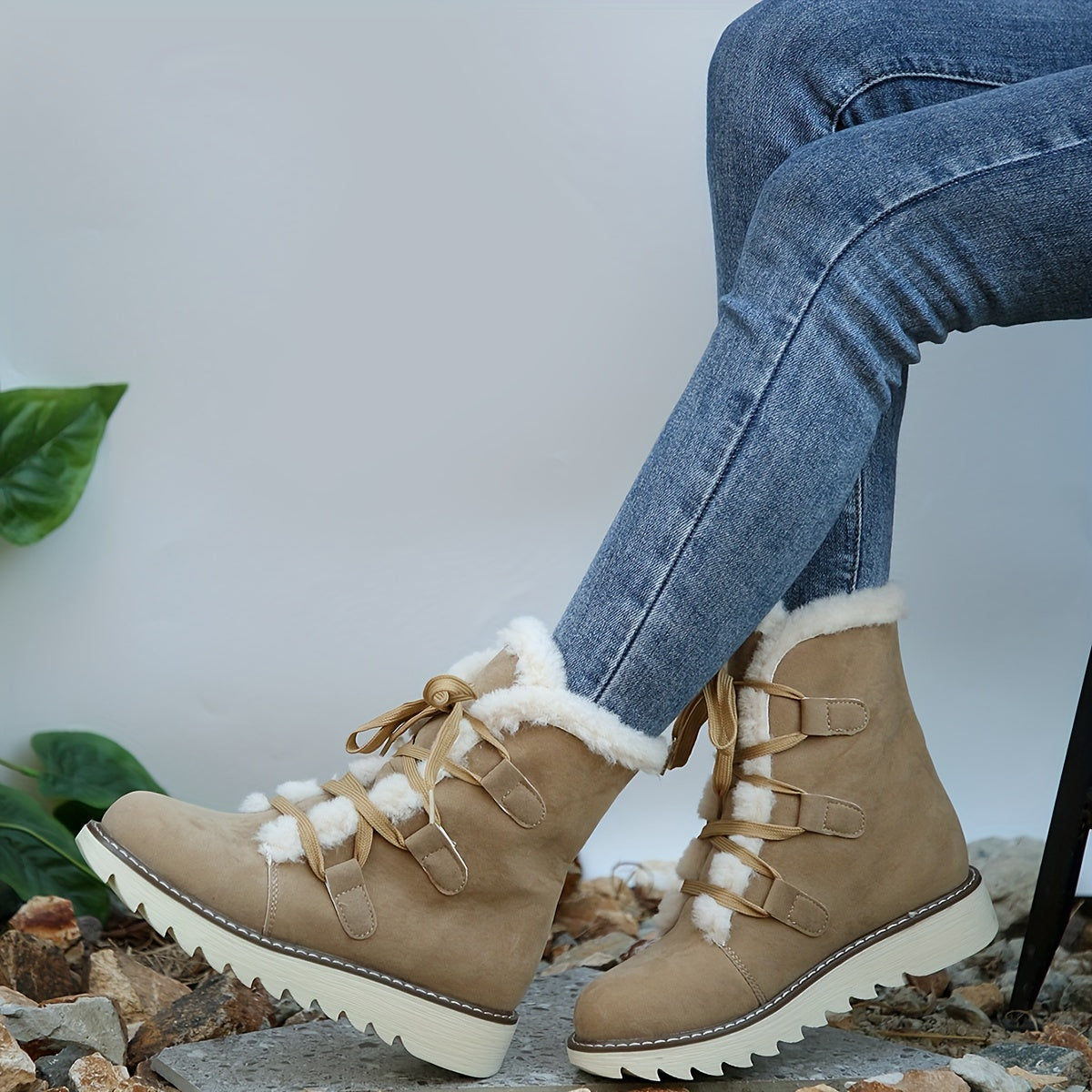 Women's Plush Inner Snow Boots Lace up Waterproof Mid Calf Comfortable Non slip