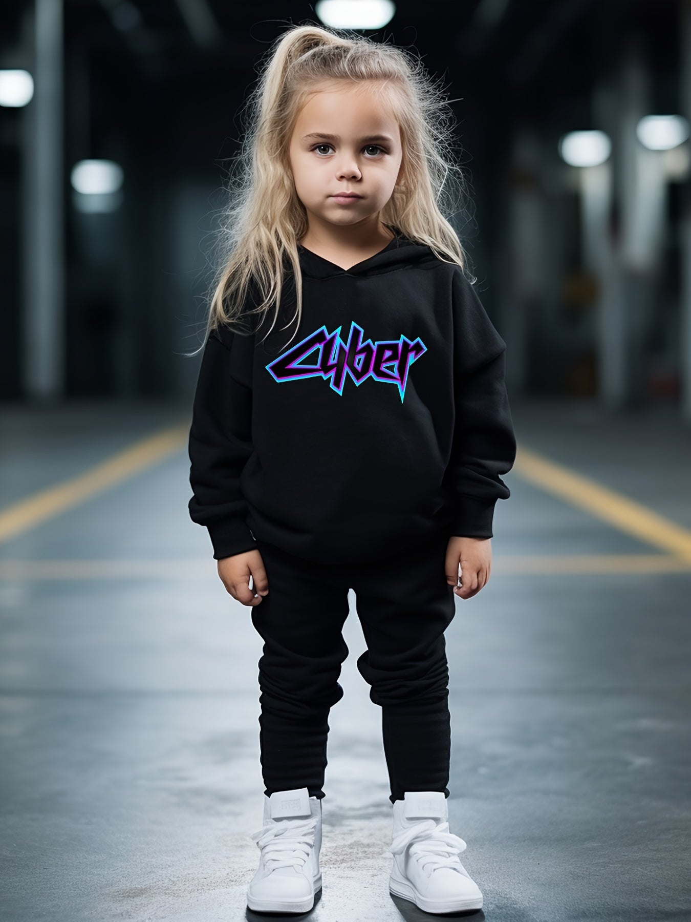 OERYUI Cyber Letter Print Hooded Pullover Pants Set for Sports
