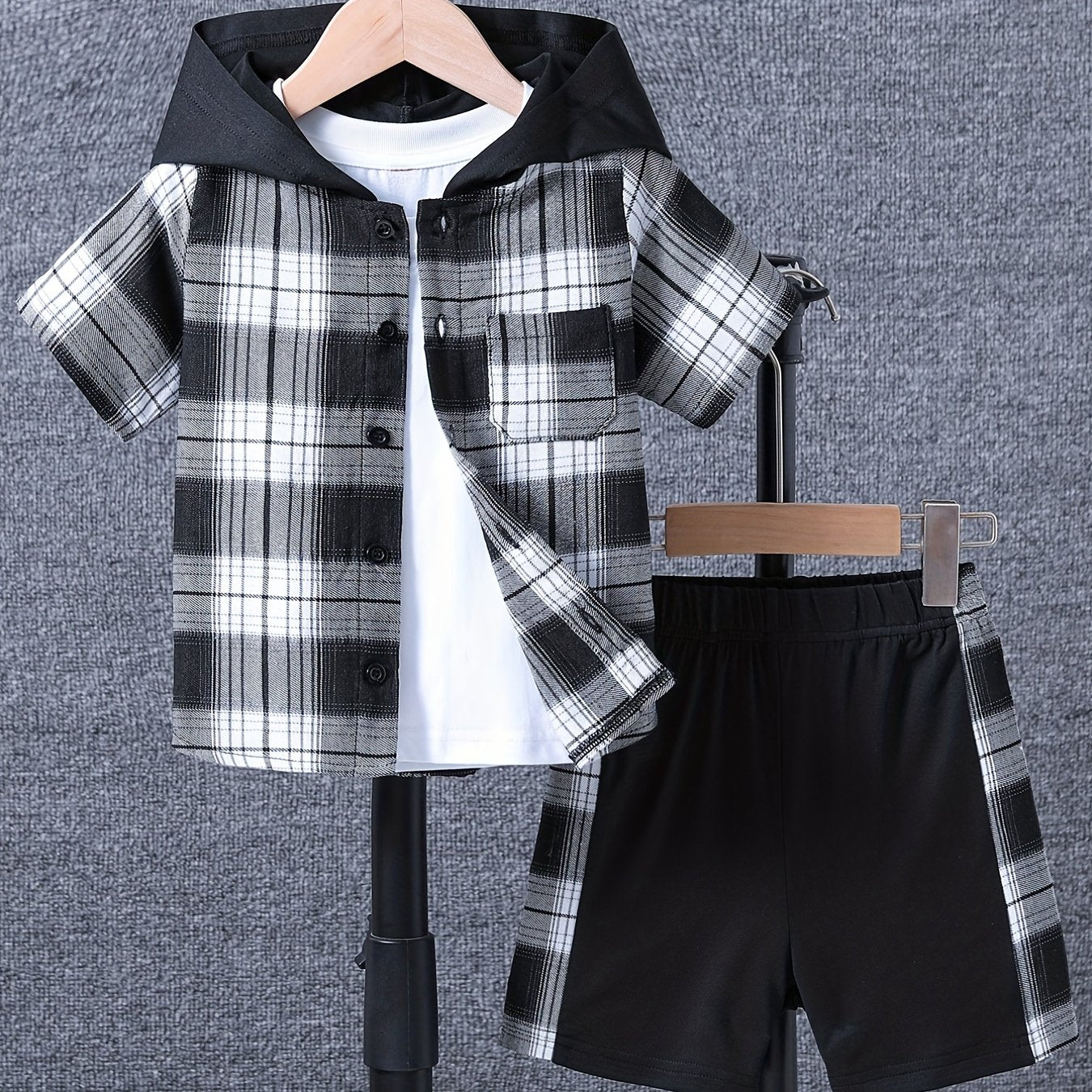 Boy's 2pcs Hooded Shirt & Shorts Set Plaid Print Casual Outfits Kids Clothes