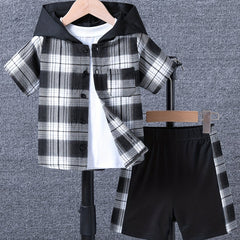 Boy's 2pcs Hooded Shirt & Shorts Set Plaid Print Casual Outfits Kids Clothes