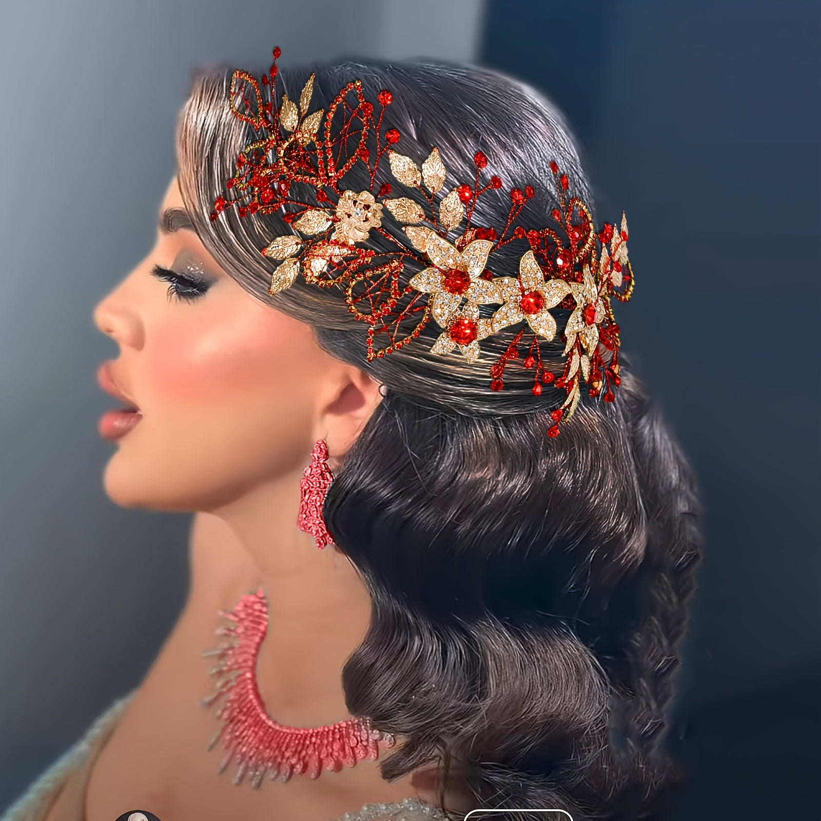 Handwoven Red Rhinestone & Golden Leaf Bridal Hair Accessory