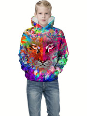 Colorful Lion Print Boys Hooded Sweatshirt