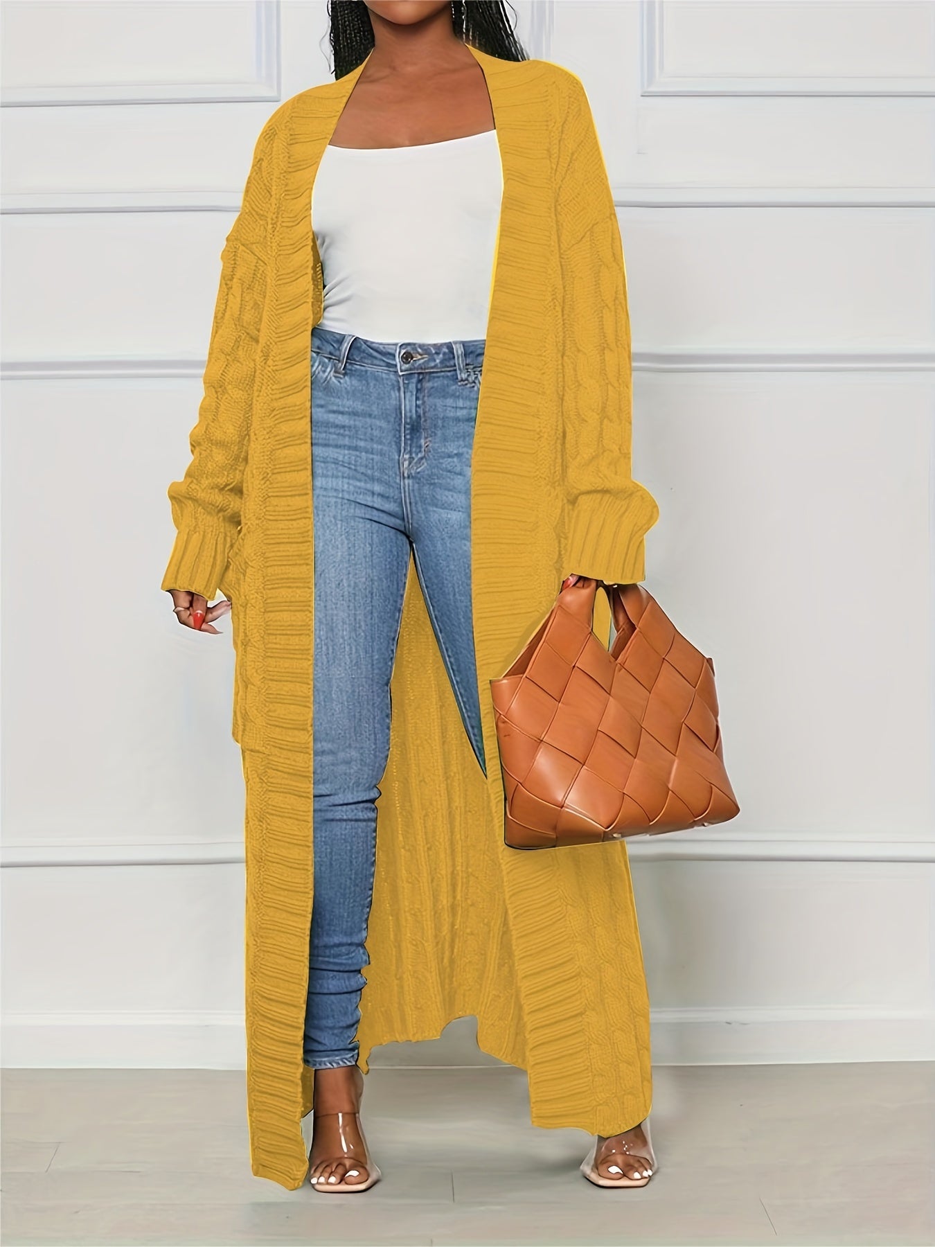 Cable Knit Open Front Longline Cardigan with Pockets