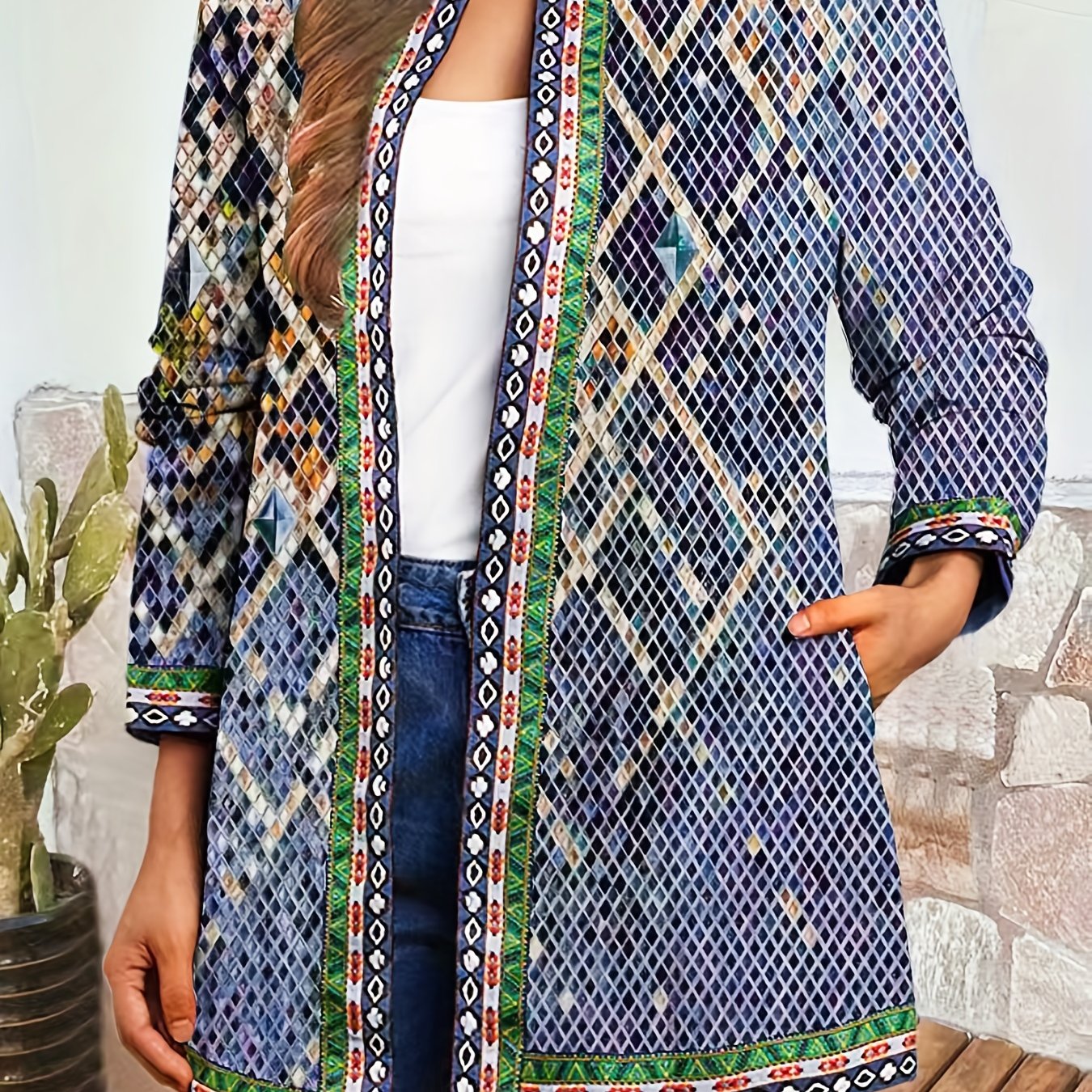 Ethnic Print Open Front Jacket Vintage Long Sleeve Crew Neck Outerwear