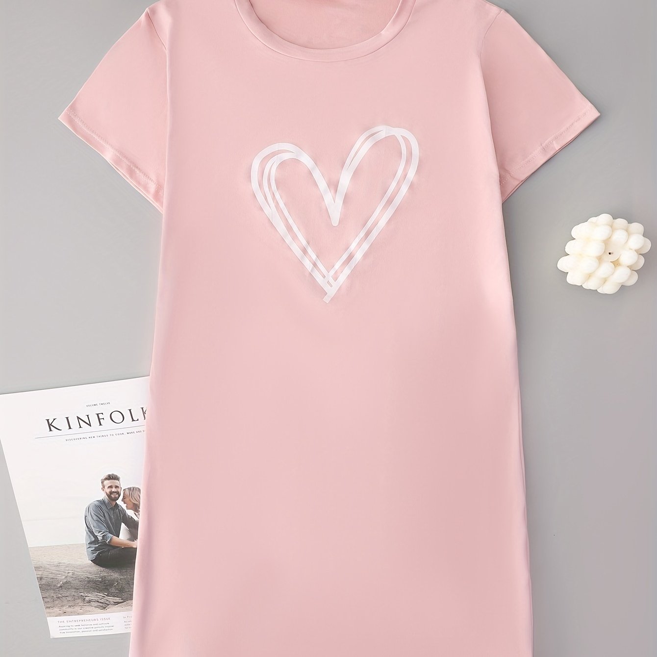 Heart Print NightDress Short Sleeve Pajama Dress Women's Sleepwear