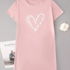 Heart Print NightDress Short Sleeve Pajama Dress Women's Sleepwear