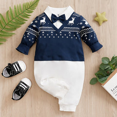 Cotton Bow Tie Baby Romper Fawn Print Boys Bodysuit
