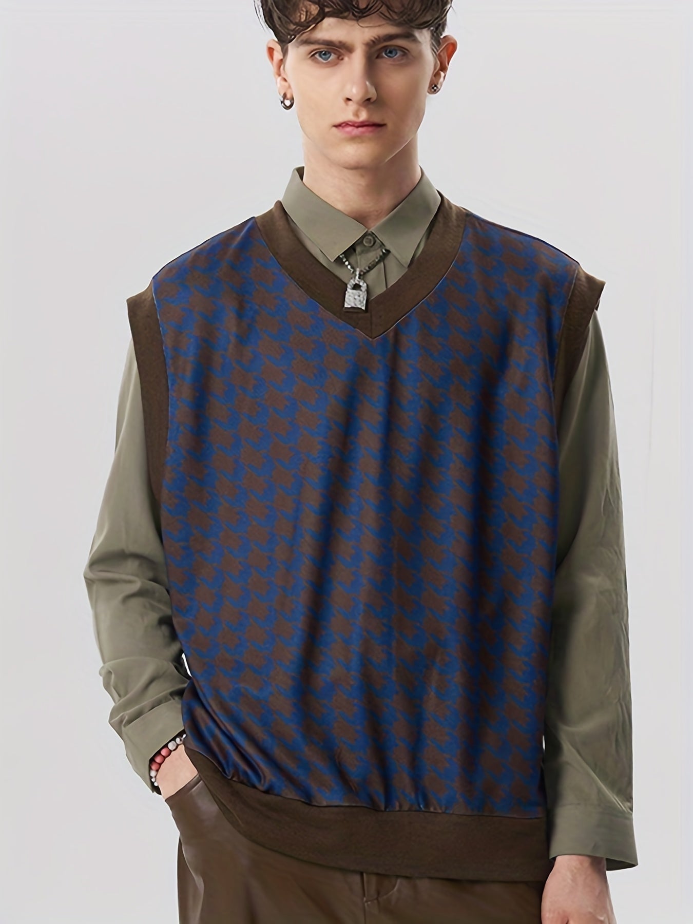 Houndstooth Pattern Vest Men's Casual Vintage Style V Neck Waistcoat