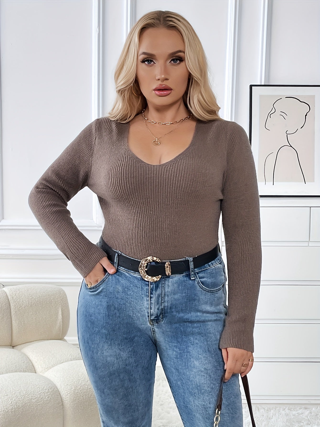 V Neck Ribbed Sweater Long Sleeve Top