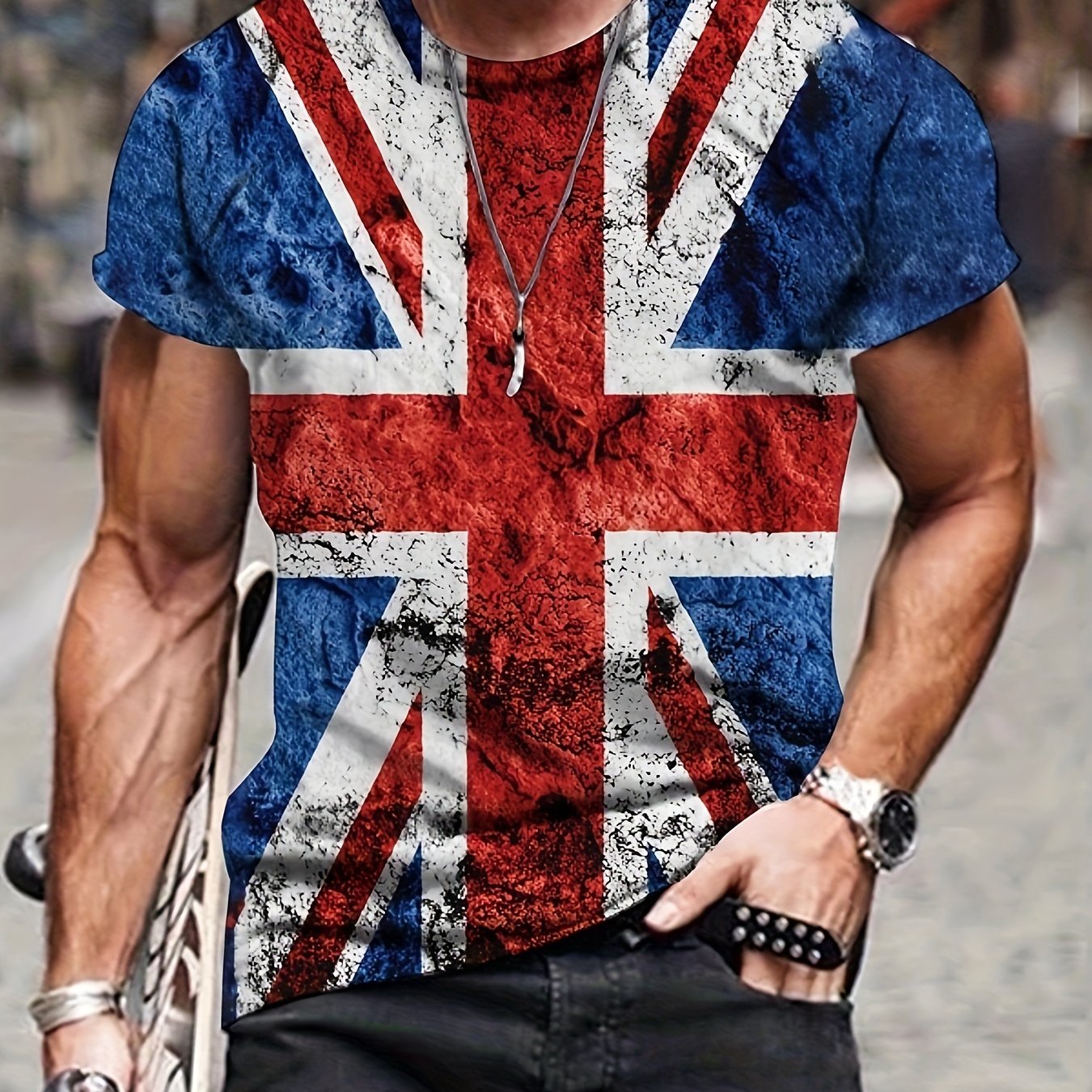 Men's Vintage British Flag Print T shirt Mid Stretch Crew Neck Tee
