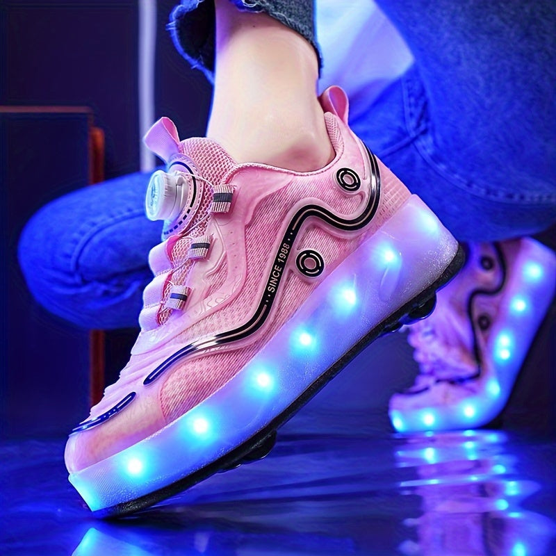 Girl's LED Roller Shoes with Rotating Buckle Detachable Wheel Skate Sneakers