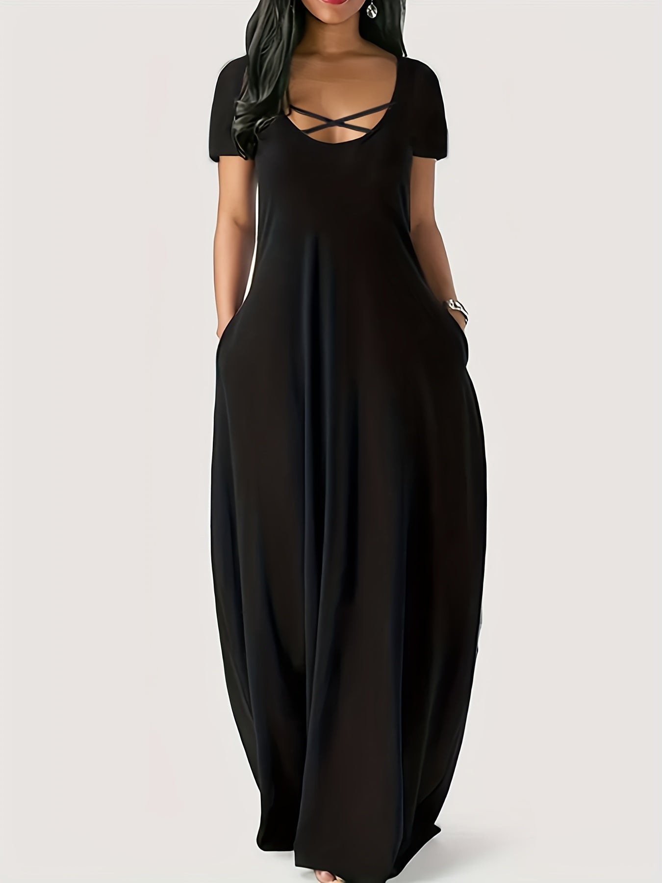 Criss Cross Maxi Dress Solid Short Sleeve Women's Clothing