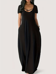 Criss Cross Maxi Dress Solid Short Sleeve Women's Clothing