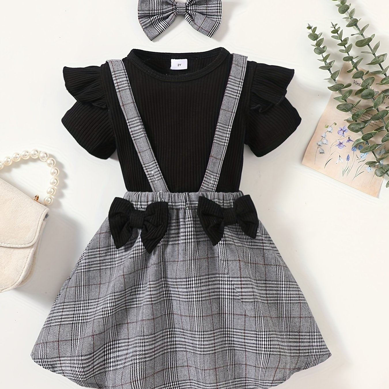 Toddler Girls Ribbed Knit T-shirt Top & Plaid Suspender Skirt