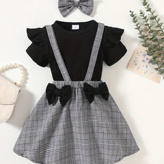 Toddler Girls Ribbed Knit T-shirt Top & Plaid Suspender Skirt