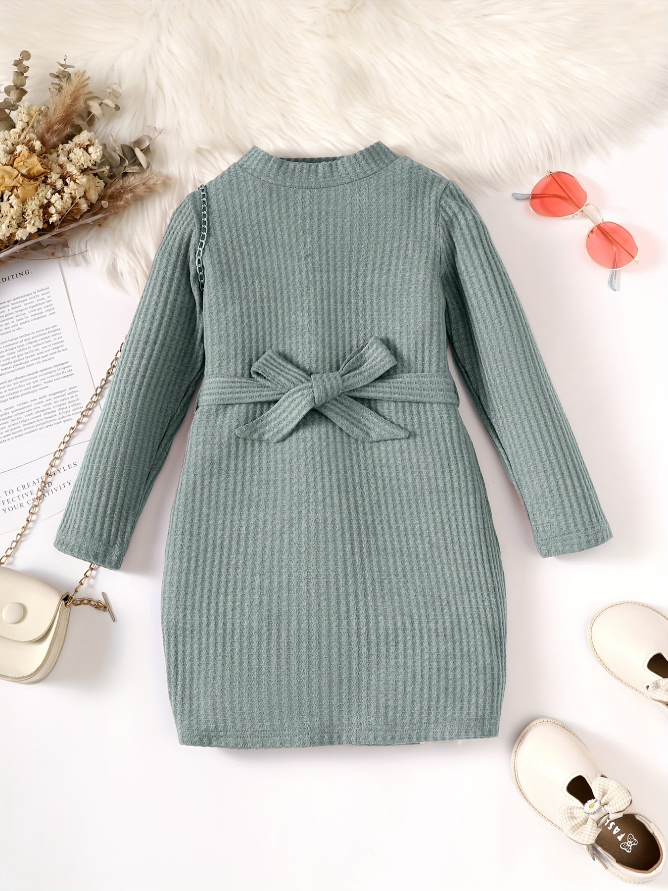 Toddler Girls Waffle Knit Dress With Belt