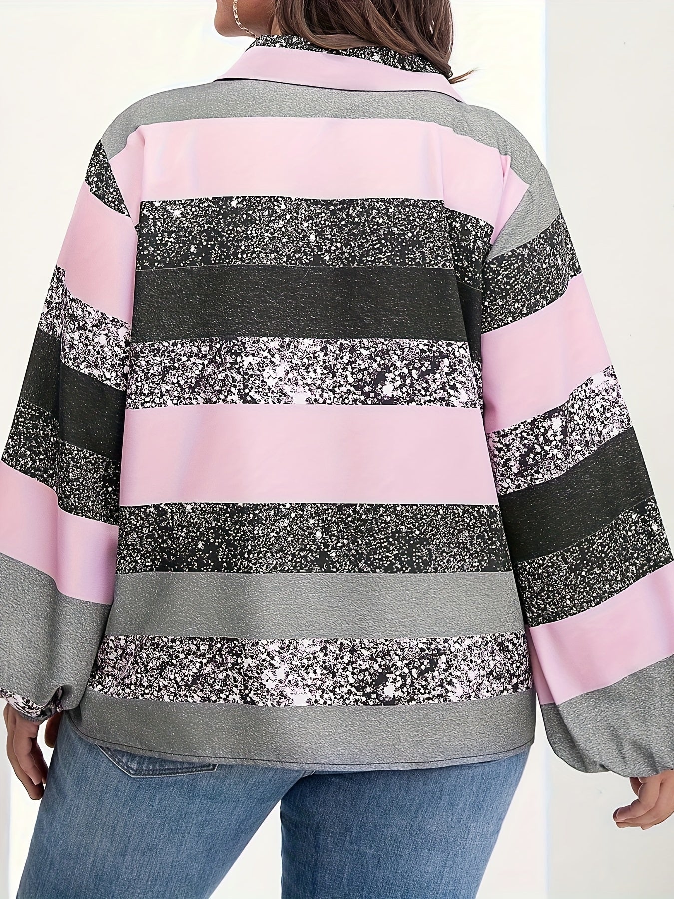 Colorblock Marble Print Lantern Sleeve Loose Fit Blouse