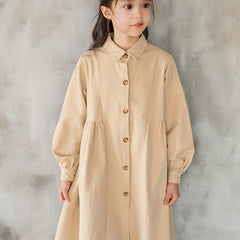 Girls Comfy Cotton Lapel Dress Thick Lantern Sleeve Button Up Dress