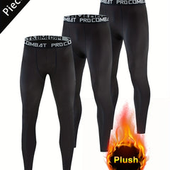 Men's Solid Sports PlushLeggings Active High Stretch Compression Pants