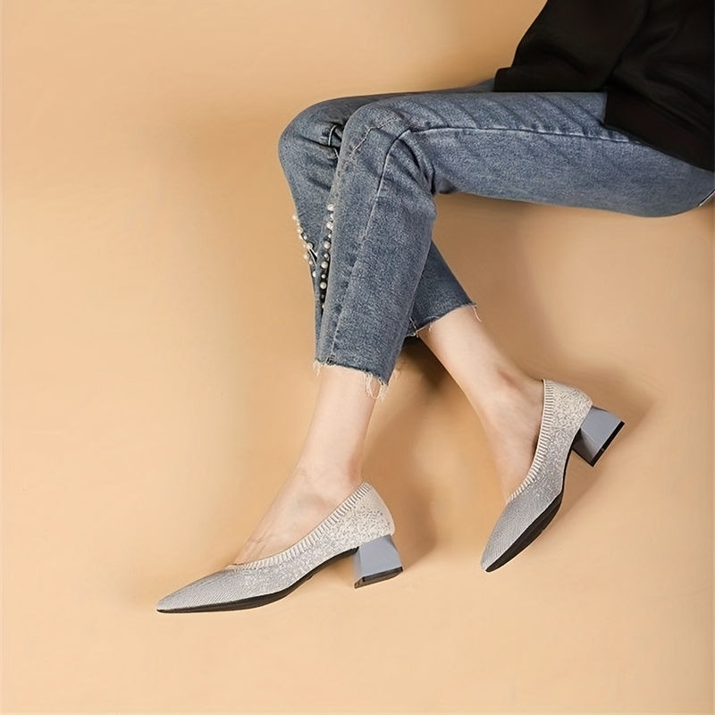 Women's Knitted Mid Heels Pointed Toe Slip On Chunky Heels Casual Shoes