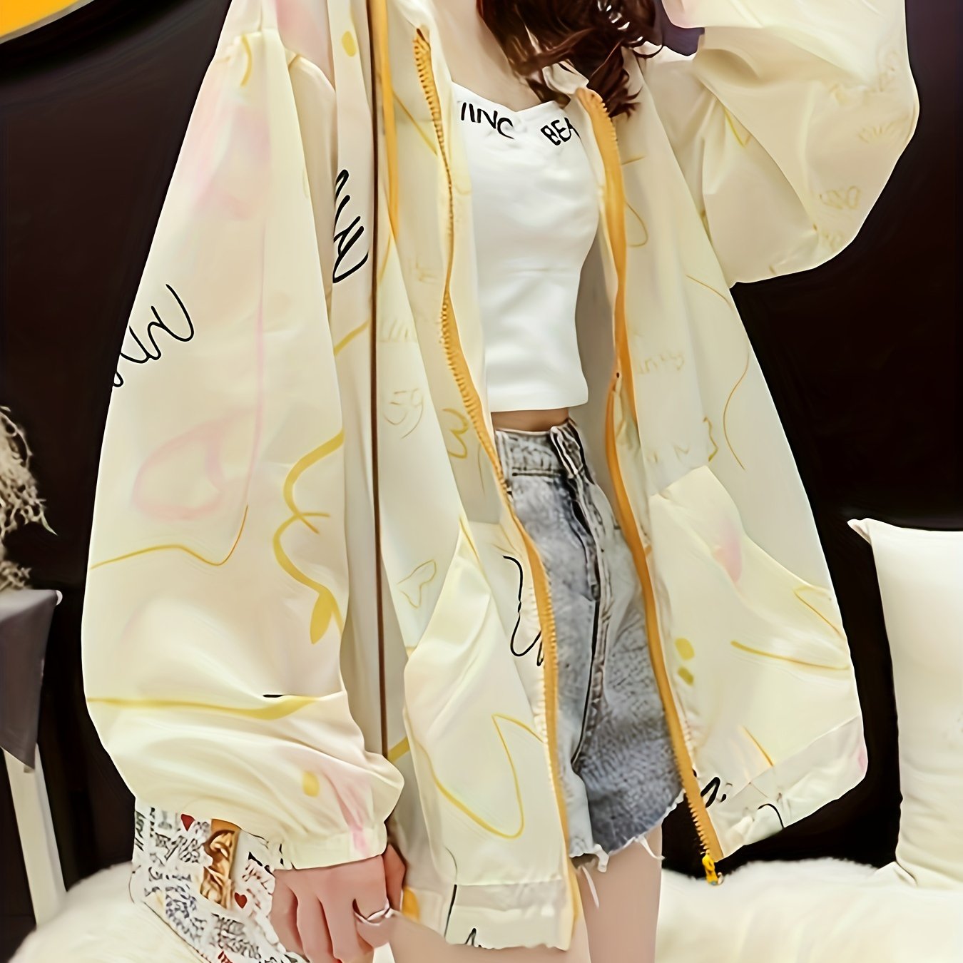 Abstract Print Loose Hooded Jacket Zip Up Sleeve Outerwear