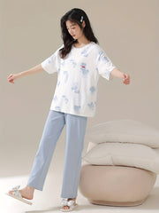 Bear Print Pajama Set Short Sleeve Top & Pants Women's Sleepwear