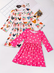 Girls Allover Print Long Sleeve Casual Dress Spring Fall Random Print