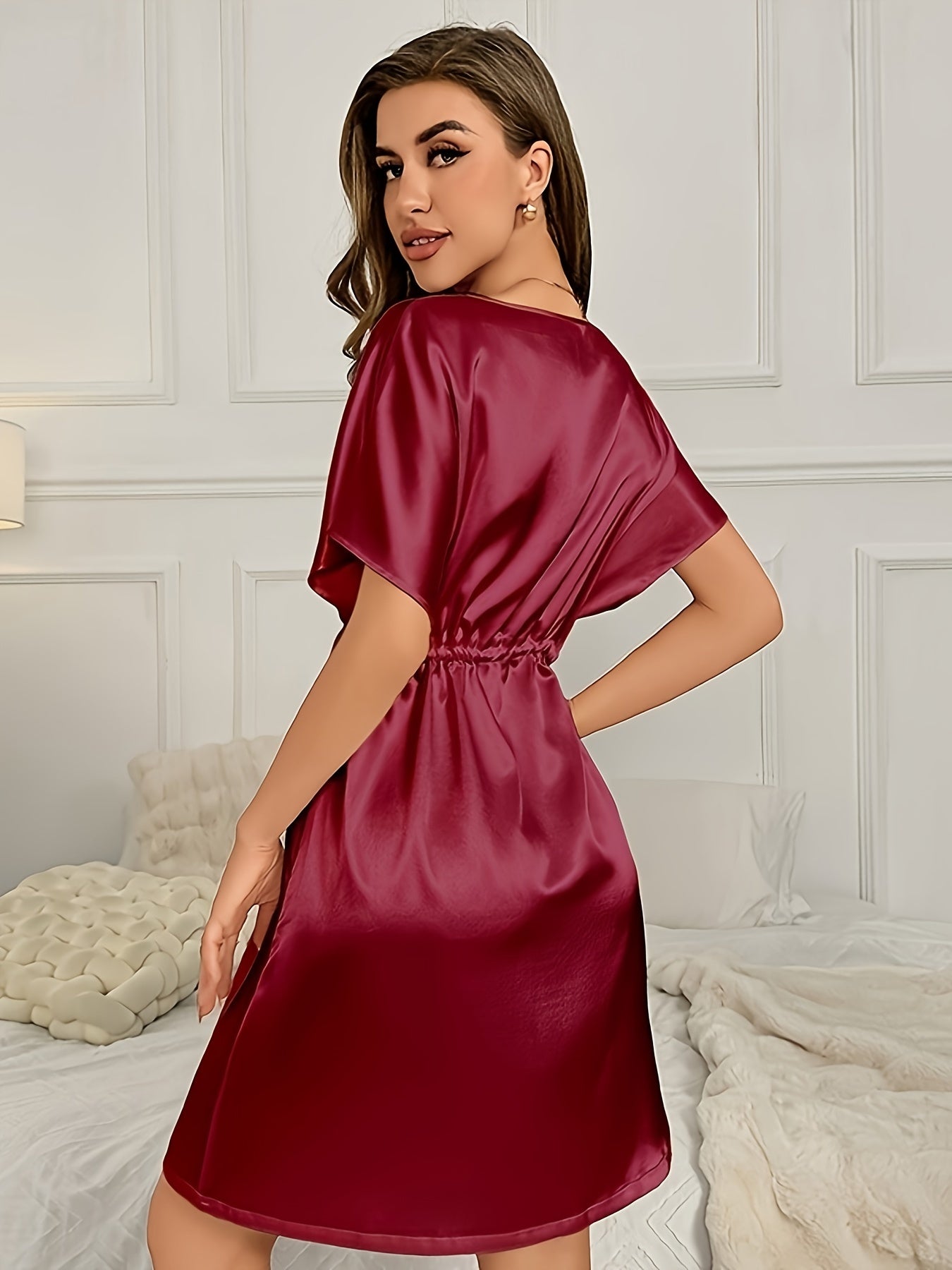 Short Sleeve V Neck Satin NightDress Women's Sleepwear