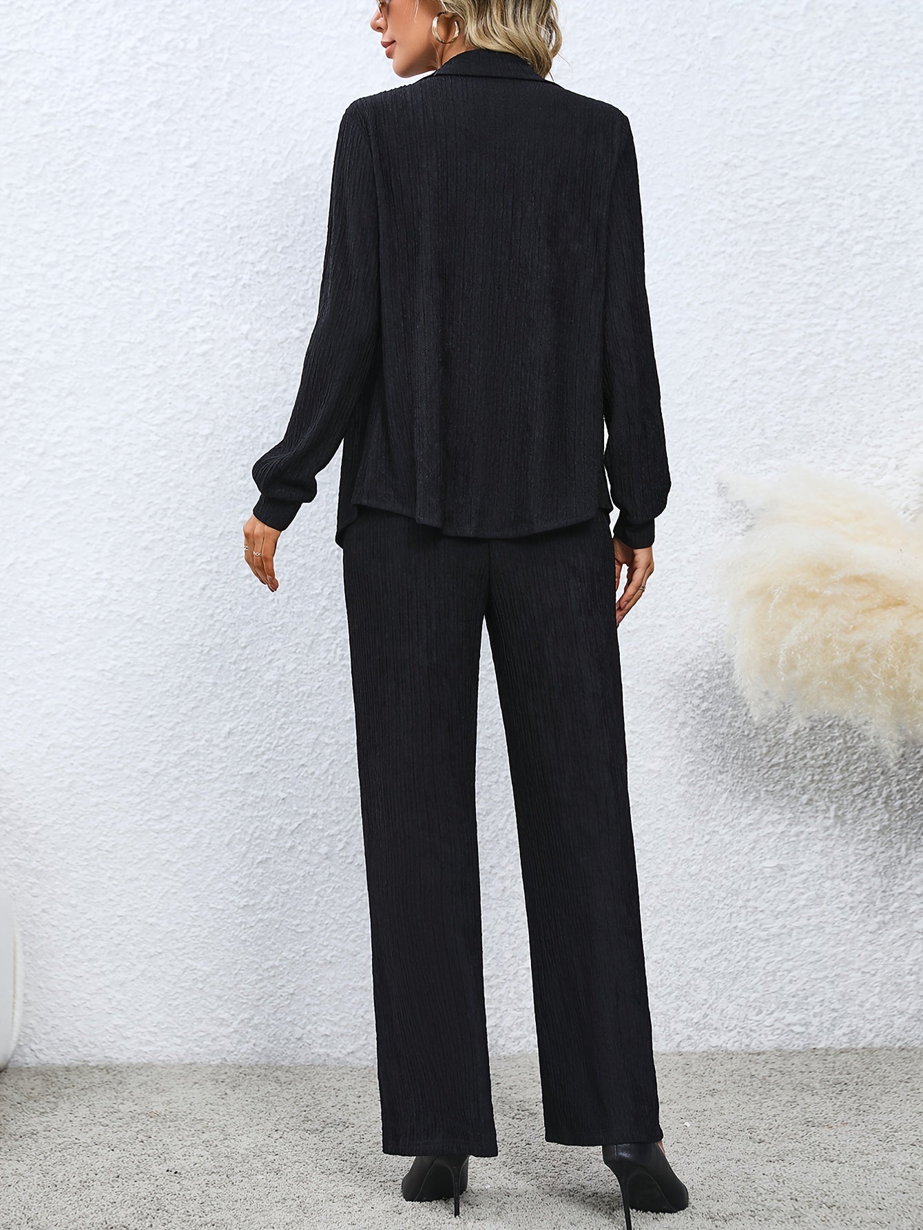 Solid Textured Two piece Set Button Front Shirt & Pants