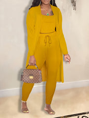 Solid Ribbed Knit Cardigan & Top & Pants Set