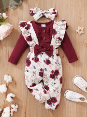 Cotton Baby Girl's 3pc Set Romper Ruffle Overalls Headscarves