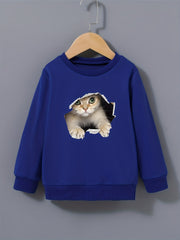 Cute Kitty Graphic Sweatshirt for Girls Round Neck Casual Pullover Tops