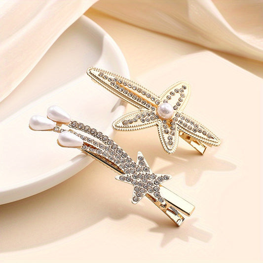 Rhinestone Starfish Hairpin Pearl Shooting Star Side Hair Clip for Women Girls