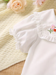 Girls Embroidered Collar Button Down Short Sleeve Shirt